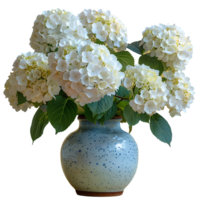 ai généré bouquet de fleurs dans une céramique vase png. bouquet de blanc hortensia fleurs isolé. fleurs dans vase png. épanouissement fleurs png