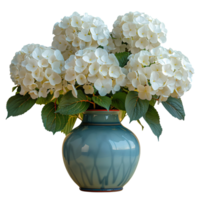 ai gerado ramalhete do flores dentro uma cerâmico vaso png. ramalhete do branco hortênsia flores isolado. flores dentro vaso png. florescendo flores png