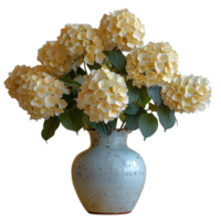 AI generated bouquet of flowers in a ceramic vase PNG. Bouquet of yellow Hydrangea flowers isolated. Flowers in vase PNG. Blooming flowers png