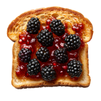 AI generated Roasted slice of toast bread with blackberry jam PNG. Toast top view PNG. Slightly burnt toast bread flat lay isolated. Blackberry jam png