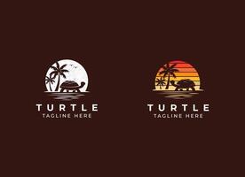 Tortuga en el playa y puesta de sol logo vector ilustración