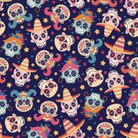 Sugar skulls seamless vector pattern. Head of a woman with an ornament, earrings, flowers. Faces of men with sombrero, mustache. Mexican masks for Cinco de Mayo, Day of the Dead. Festive background