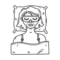 dormido niña vector ilustración. un linda sonriente persona con un dormir máscara y pijama, mentiras en un almohada cubierto con un frazada. noche descansar, siesta en un cama. mano dibujado garabatear, negro y blanco bosquejo