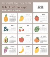 Simple 2025 Calendar Template with cute fruits concept illustrations. Minimal layout vector design. Calendar for the year 2025 tables for 12 months. Modern, elegant design for fruit enthusiasts