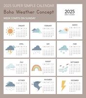 Simple 2025 Calendar Template with cute weather concept illustrations. Minimal layout vector design. Calendar for year 2025 tables for 12 months. Modern, elegant design with simple, adorable drawings