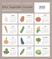 Simple 2025 Calendar Template with cute Vegetable concept illustrations. Minimal layout vector design. Calendar for the year 2025 tables for 12 months. Modern, elegant design for vegetable enthusiasts