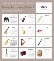 sencillo 2025 calendario modelo con linda musical instrumentos ilustraciones, orquesta concepto. mínimo diseño vector diseño. calendario para el año 2025 mesas para 12 meses. moderno y elegante diseño