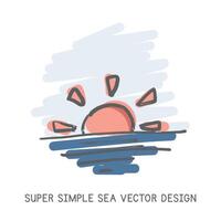 Super simple sea hand-drawn doodle style vector design. Nature elements concept. Cute sunset or sunrise with the Sun on the ocean horizon quick simple drawing on a light blue sketch background