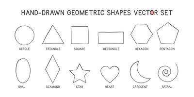 Super simple geometric shapes hand-drawn style vector design. Circle, triangle, square, rectangle, hexagon, pentagon, oval, diamond, star, heart, crescent, spiral. 2D shapes simple doodle drawings