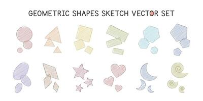 Super simple geometric shapes sketch style vector design. Circle, triangle, square, rectangle, hexagon, pentagon, oval, diamond, star, heart, crescent, spiral. 2D shapes simple doodle drawings