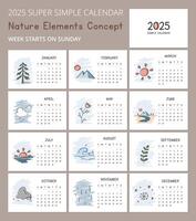 Simple 2025 Calendar Template with cute nature elements concept illustrations. Sun, Tree, River. Minimal layout vector design. Calendar for the year 2025 tables for 12 months. Modern, elegant design