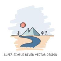 Super simple river hand-drawn doodle style vector design. Nature elements concept. Cute river with mountain, trees, and sun quick simple drawing on a light blue sketch background