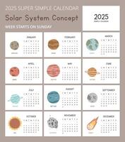 Simple 2025 Calendar Template with Solar System concept illustrations. Minimal layout vector design. Calendar for the year 2025 tables for 12 months. Adorable design cute planets for space enthusiasts