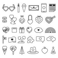 Outline Collection of Valentine Element Icons. Black Strokes include Glasses, Candles, Ice Cream, Envelopes, Cell Phones, Calendars, Rings, Balloons, Potions, Padlocks, Strawberries, Targets. vector