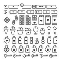 Black Valentine Outline Collection includes Bubble Chat, Chocolate, Ice Cream, Potion, Padlock, Key. vector