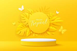 Hello Tropical yellow leaf paper cut shape and butterfly, yellow paper circle with yellow podium display, poster design on yellow background. EPS 10 Vector illustration