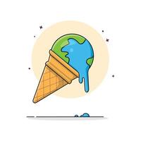 Melting Globe Cone Ice Cream  Vector Illustration. Food Object Concept Design