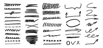 Doodles drawn with a marker. Stripes, underlining, geometric shapes, hand scratches. Vector illustration of squiggles in modern style for template, design, sketch for social networks.