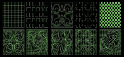 Set of neon geometric wireframe grids. Distorted grids based on psychedelic motives. Modern vector illustration of the 2000s.