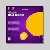 social media post template design in purple and yellow abstract style for food and drink promotions. vector