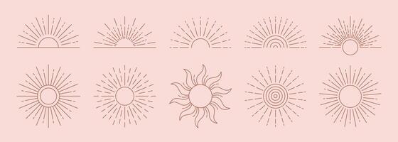 Collection of abstract boho sun, sunburst. Bohemian minimalist linear sunrise and sunset. Vector illustration