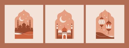 Modern minimal oriental boho arches with mosque, crescent, lanterns. Islamic Ramadan Kareem windows. Vector illustration