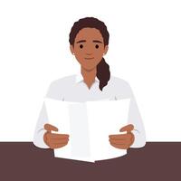 Woman reading paper document. vector