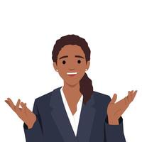 Young smiling woman cartoon character standing with hands stretched out, showing positive attitude and smiling vector