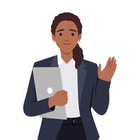Business woman holding paper and say hi with smile face vector