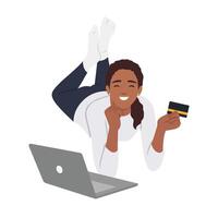 en línea compras joven mujer cliente compra en línea con crédito tarjeta Internet tienda búsquedas para regalos concepto vector
