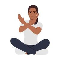 Woman sit crossed leg on the floor. with the crossed arms, no sign. Refuse gesture, negative expression vector