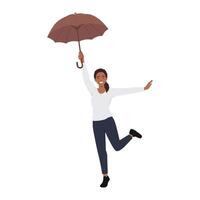 Woman with an umbrella walks and jump happy vector