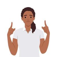 Young woman pointing fingers up at copy space isolated, ointing index fingers up commercial area vector