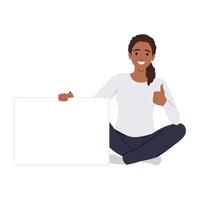 Pretty woman holding an empty board with thumb up. vector