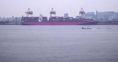 en kryssning fartyg nära de miniatyr- behållare kaj i tokyo molnig dag video