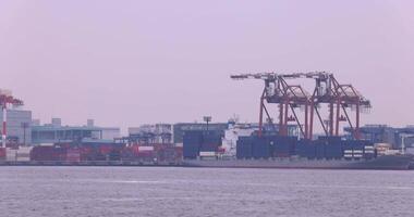 Industrial cranes near the container wharf in Tokyo cloudy day video