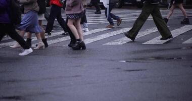 un' lento movimento di il gambe di a piedi persone su il attraversamento giorno di pioggia video