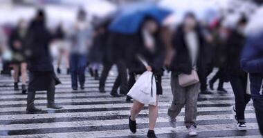 een langzaam beweging van wandelen mensen Bij de Shibuya kruispunt regenachtige dag video