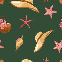 Illustration on the background of a seamless beach pattern. Hats, starfish, refreshing coconut, shell. For printing, packaging, clothing vector