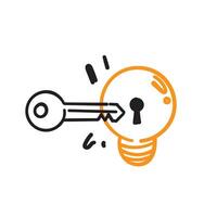 hand drawn doodle open light bulb with key symbol for key idea illustration vector