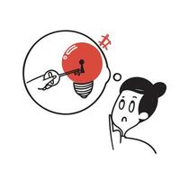 hand drawn doodle open light bulb with key symbol for key idea illustration vector