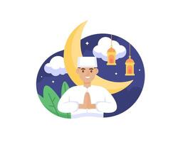 Illustration of a Muslim man is posing in greeting. greeted and smiled. Night setting with crescent moon and lantern. Illustration of Ramadan Theme Concept Design, Eid Al-Fitr, Eid Al-Adha, Islam vector