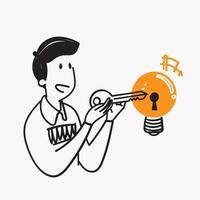 hand drawn doodle open light bulb with key symbol for key idea illustration vector