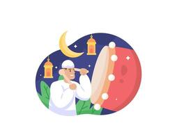 Illustration of a Muslim man beating a bedug. night background with crescent moon and lanterns. Concept Design Illustration for Ramadan, Eid al-Fitr, Eid al-Adha, Islamic themes. graphic elements. ui vector