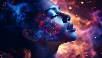 AI generated Beautiful woman double exposure portrait with digital paint splash and space nebula background photo