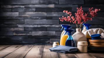 AI generated Colorful detergent bottles and cleaning brushes on vibrant spring leaves background, hygiene concept photo