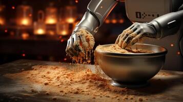 AI generated Close-up view of robot hands cooking and mixing ingredients in pot with copy space photo