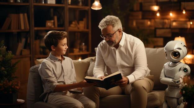 AI generated Father reading book to son by modern technology robot, bonding through generational connection photo