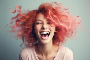 AI generated Joyful girl with bright pink hair smiling at the camera, happy and carefree, with copy space photo