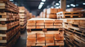 AI generated Industrial wooden pallets stack at factory warehouse for cargo and logistics management photo
